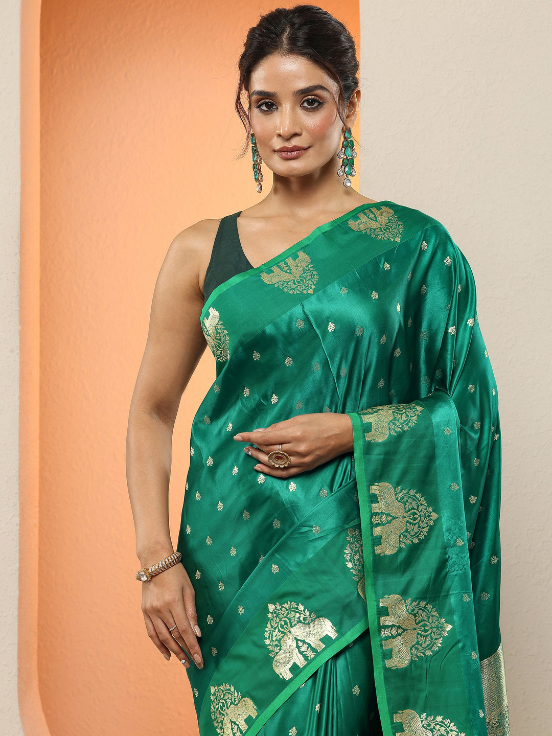  Green Woven Design Silk Blend Sarees With Unstitched Blouse Piece 