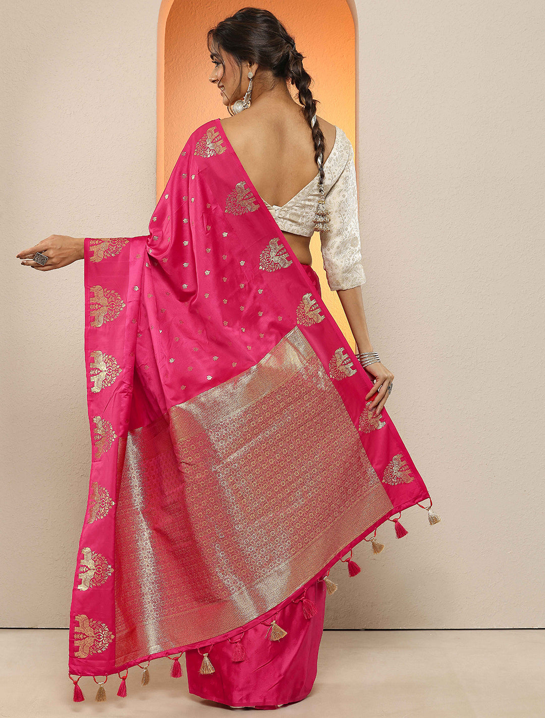  Pink Woven Design Silk Blend Sarees With Unstitched Blouse Piece 