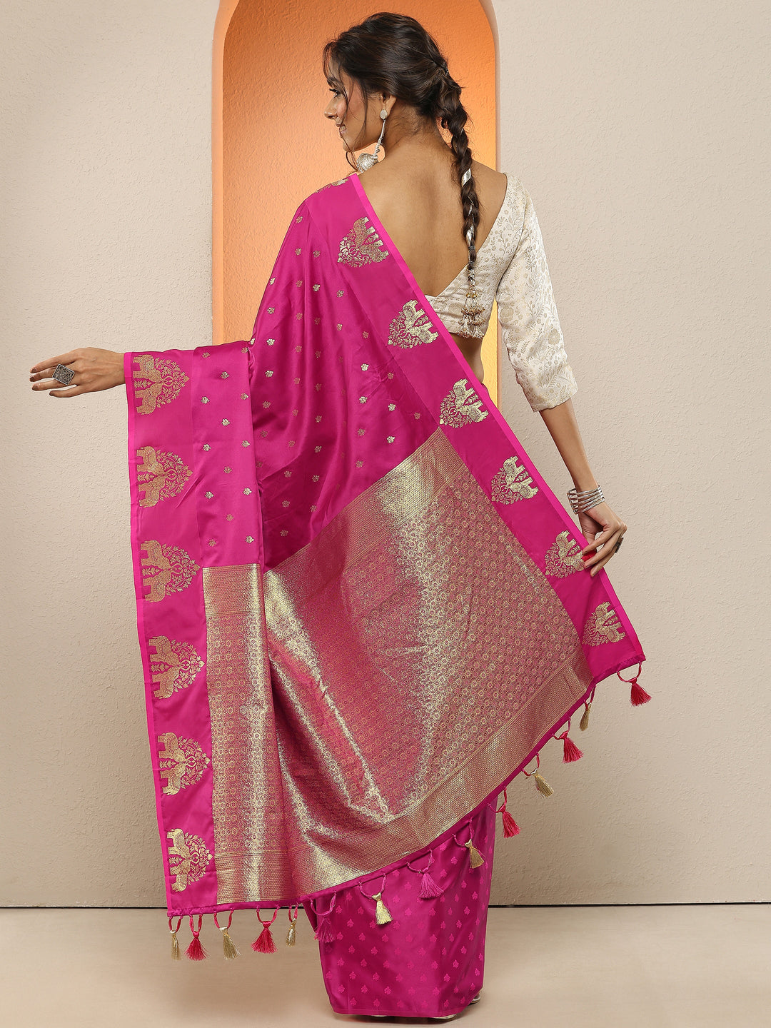  Magenta Woven Design Silk Blend Sarees With Unstitched Blouse Piece 