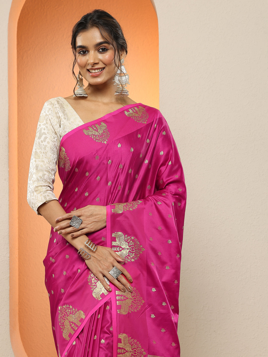  Magenta Woven Design Silk Blend Sarees With Unstitched Blouse Piece 