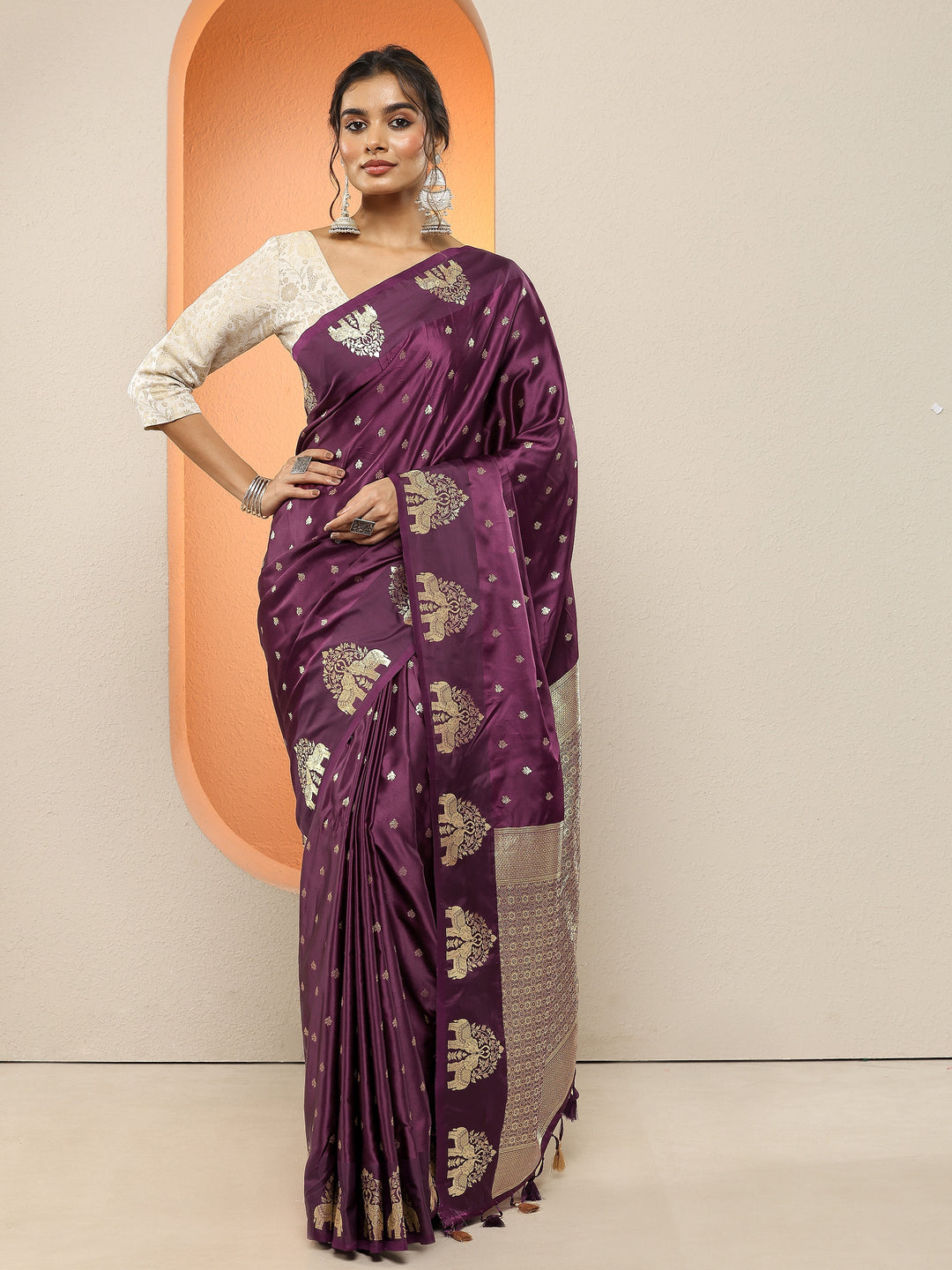  Burgundy Woven Design Silk Blend Sarees With Unstitched Blouse Piece 