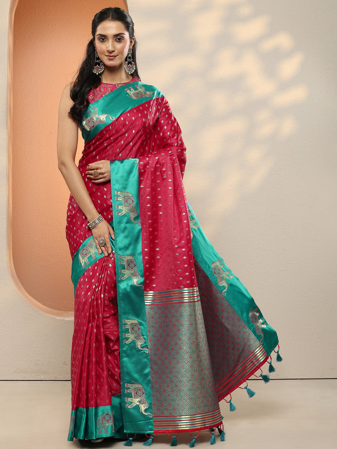  Red Woven Design Silk Blend Sarees With Unstitched Blouse Piece 