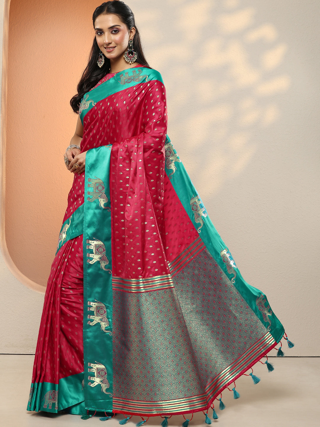  Red Woven Design Silk Blend Sarees With Unstitched Blouse Piece 