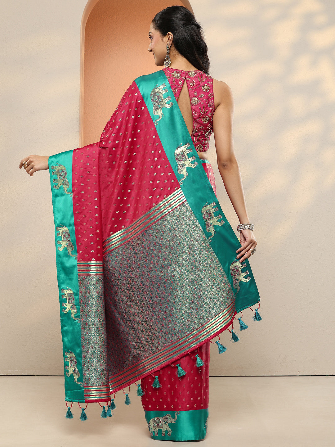  Red Woven Design Silk Blend Sarees With Unstitched Blouse Piece 