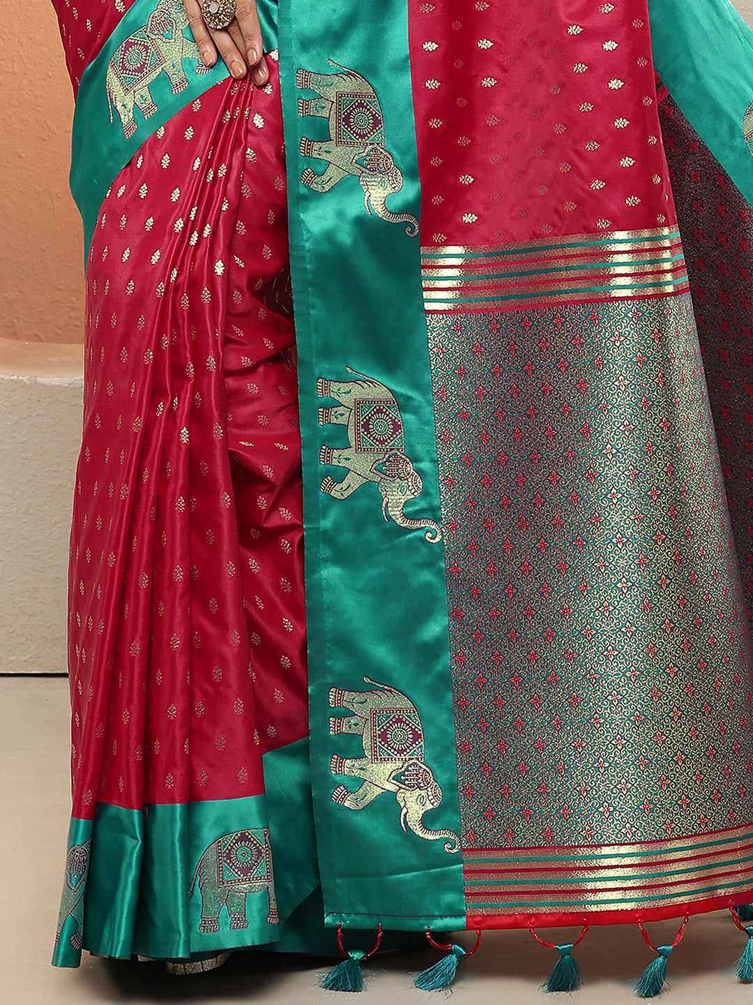  Red Woven Design Silk Blend Sarees With Unstitched Blouse Piece 