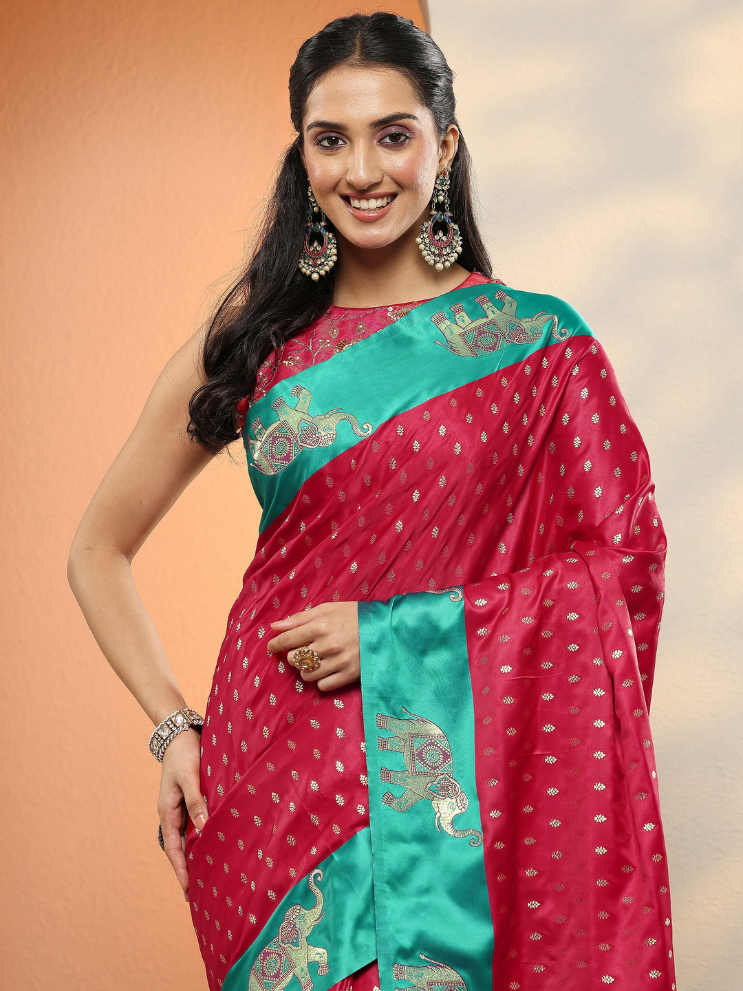  Red Woven Design Silk Blend Sarees With Unstitched Blouse Piece 