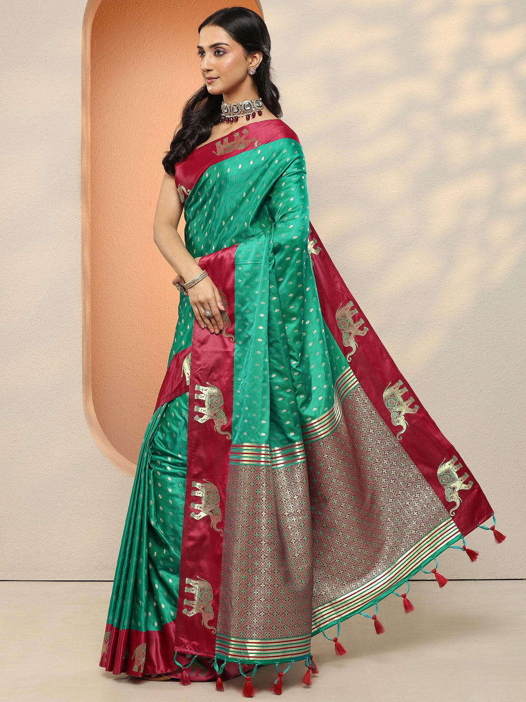  Green Woven Design Silk Blend Sarees With Unstitched Blouse Piece 
