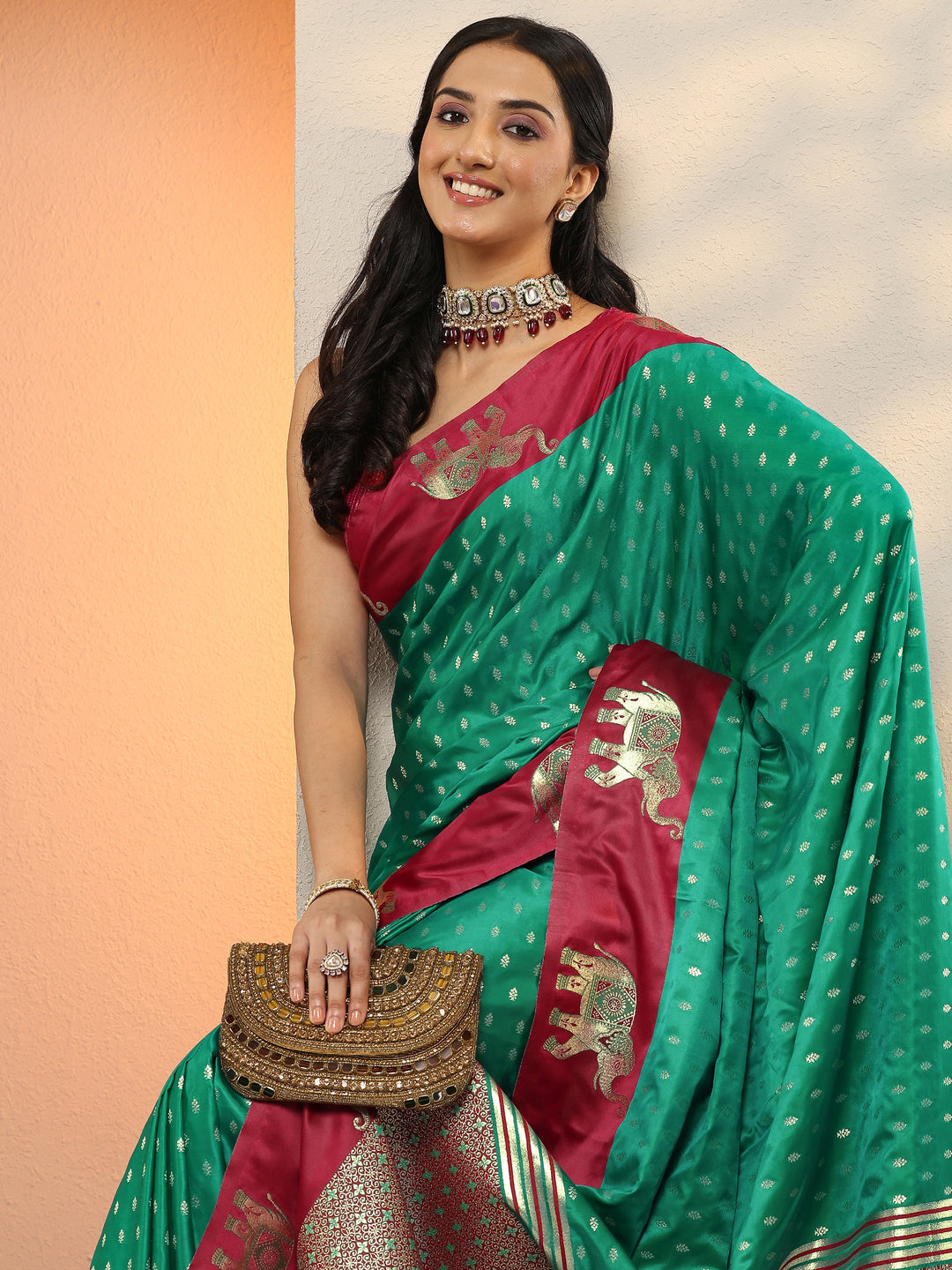  Green Woven Design Silk Blend Sarees With Unstitched Blouse Piece 