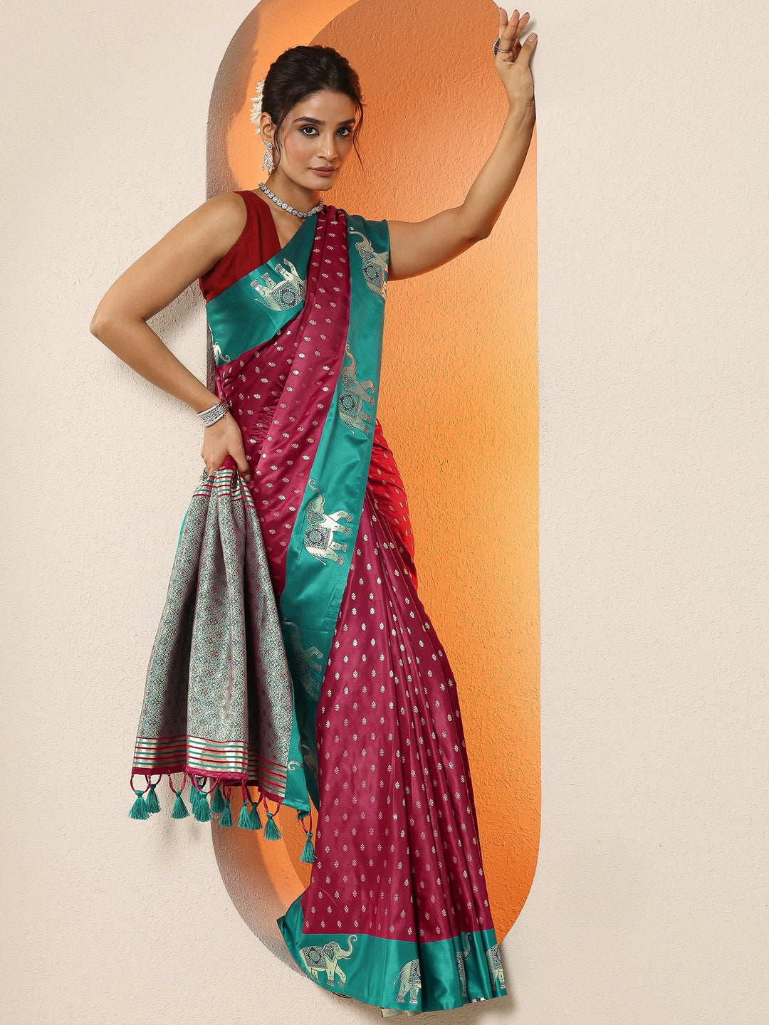  Pink Woven Design Silk Blend Sarees With Unstitched Blouse Piece 