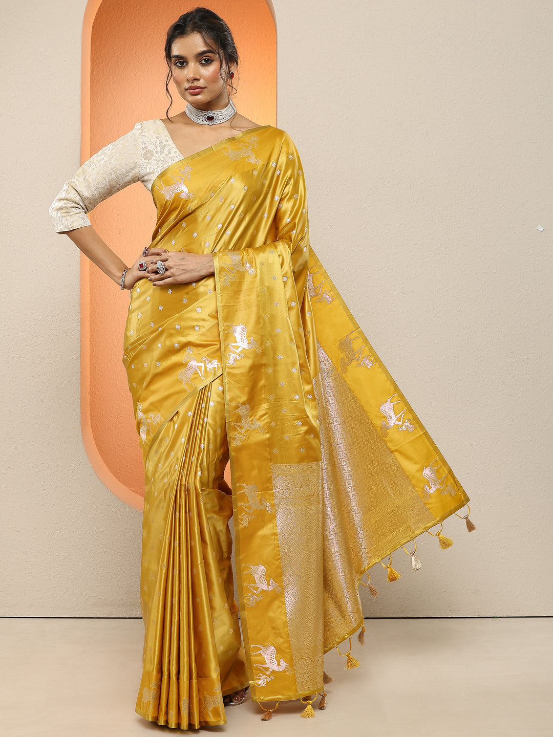  Yellow Woven Design Silk Blend Sarees With Unstitched Blouse Piece 