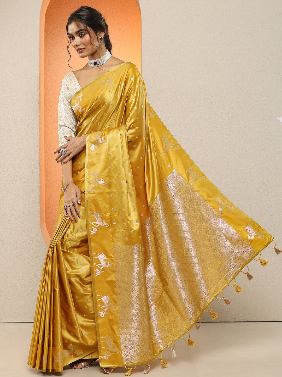  Yellow Woven Design Silk Blend Sarees With Unstitched Blouse Piece 