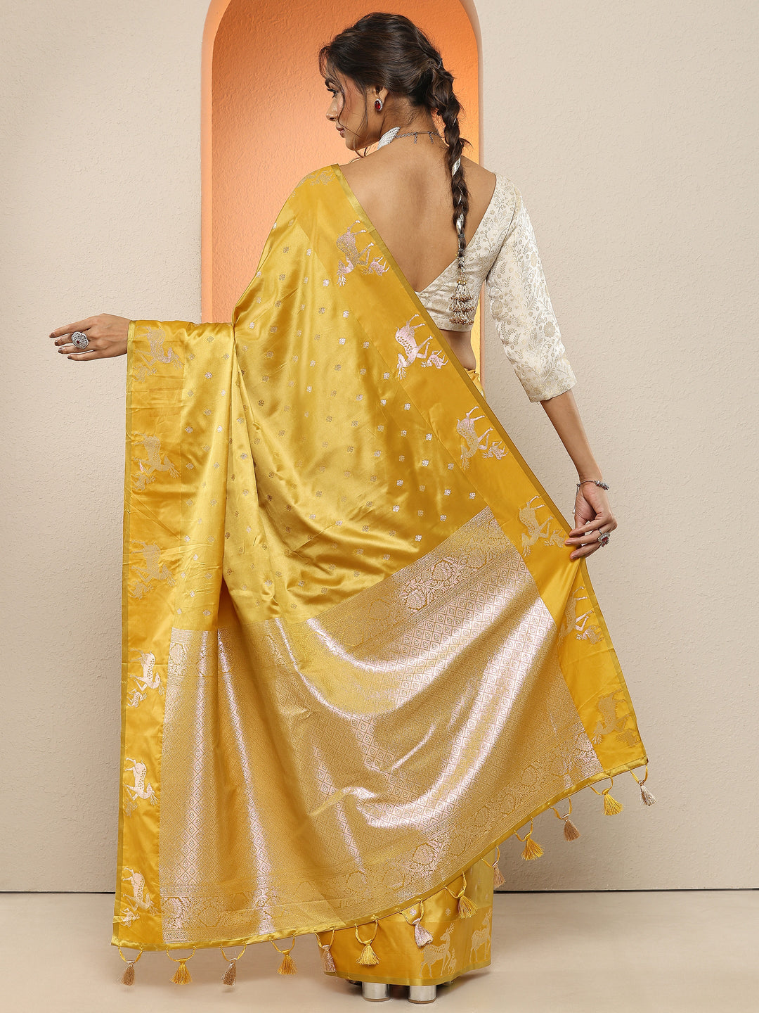  Yellow Woven Design Silk Blend Sarees With Unstitched Blouse Piece 