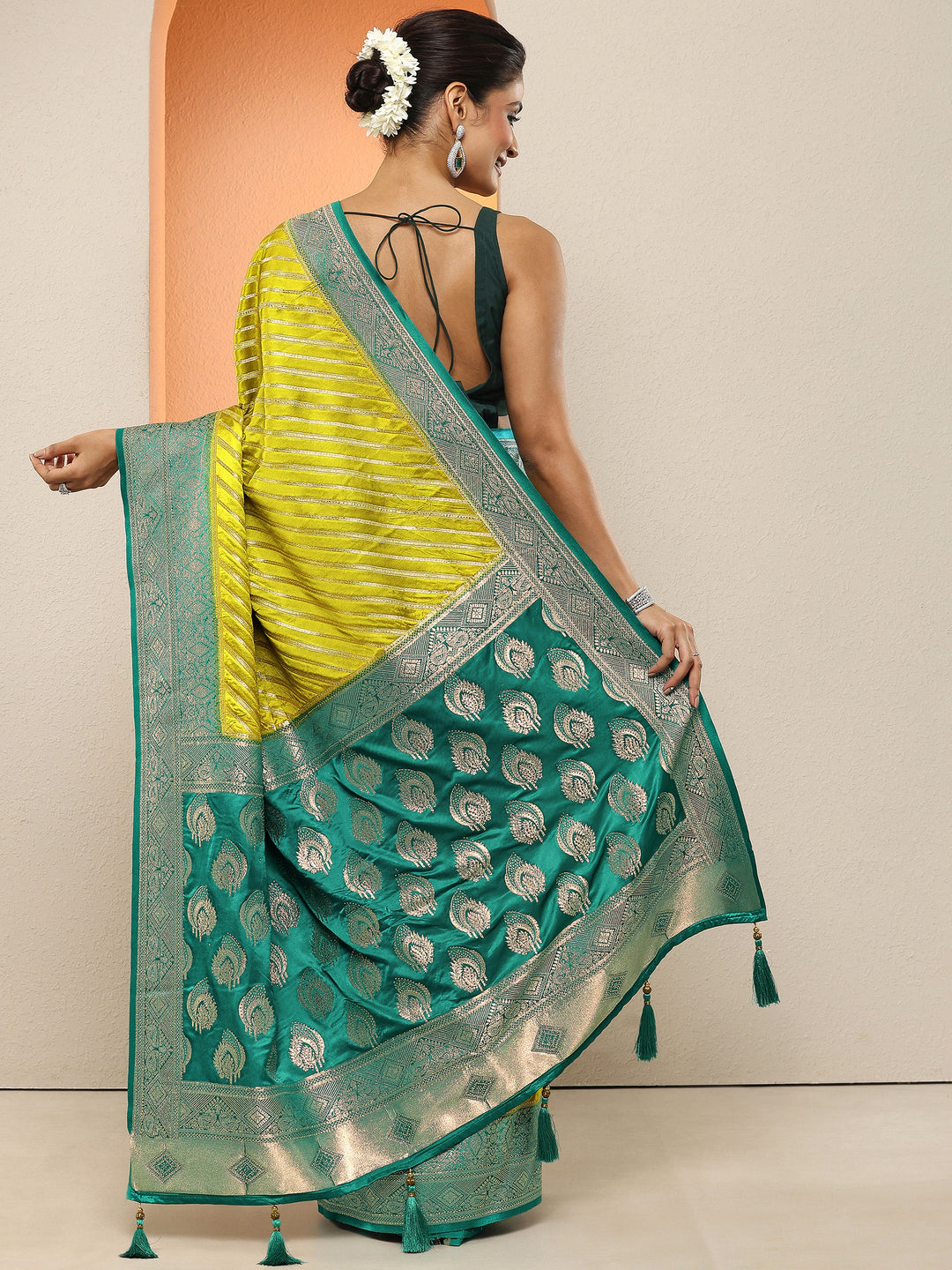  Green Woven Design Silk Blend Sarees With Unstitched Blouse Piece 