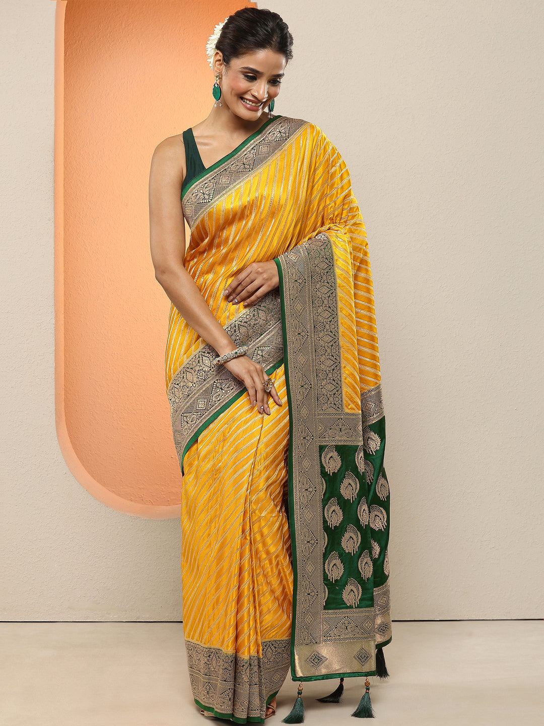  Mustard Woven Design Silk Blend Sarees With Unstitched Blouse Piece 