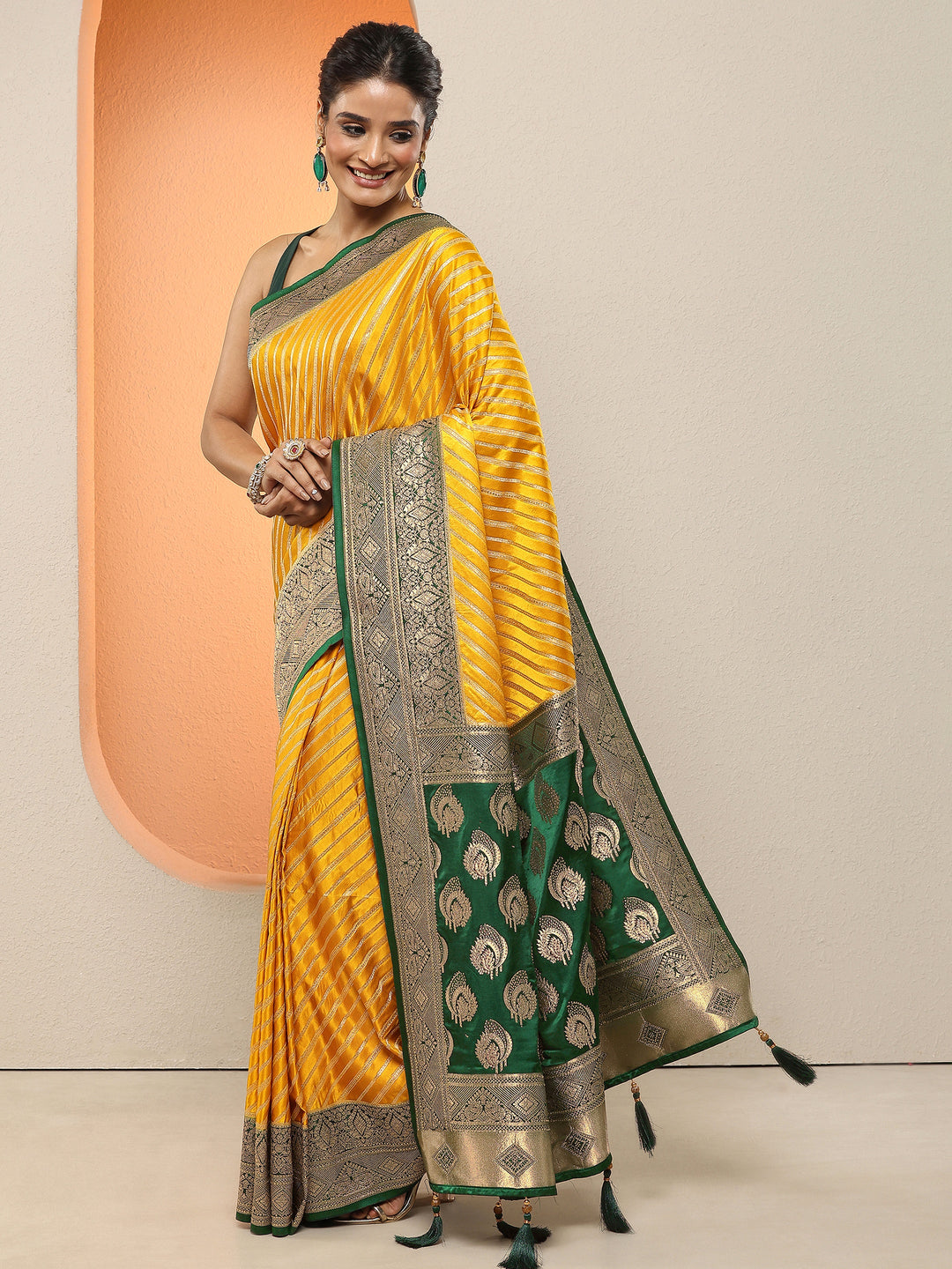  Mustard Woven Design Silk Blend Sarees With Unstitched Blouse Piece 