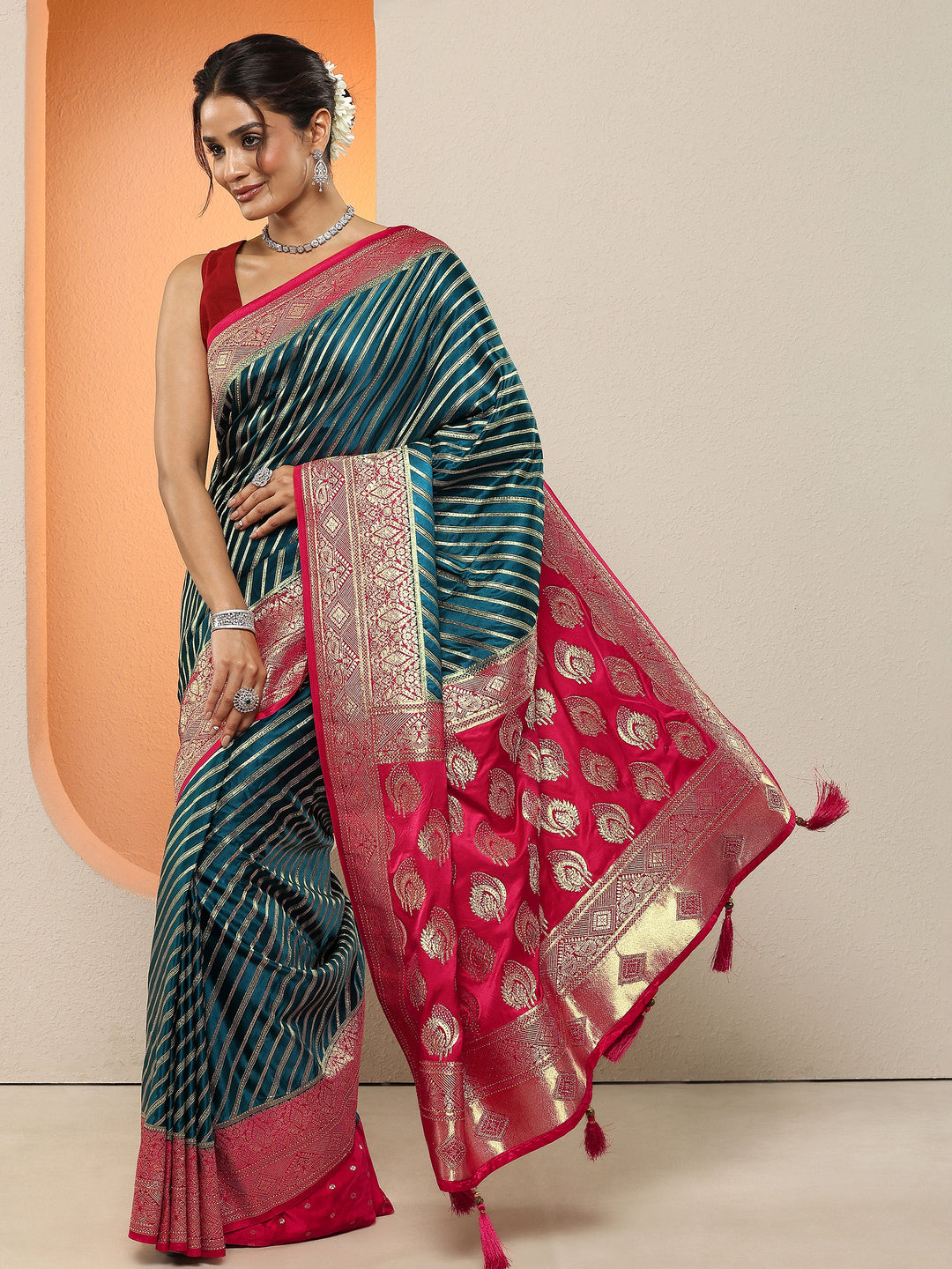  Teal Woven Design Silk Blend Sarees With Unstitched Blouse Piece 