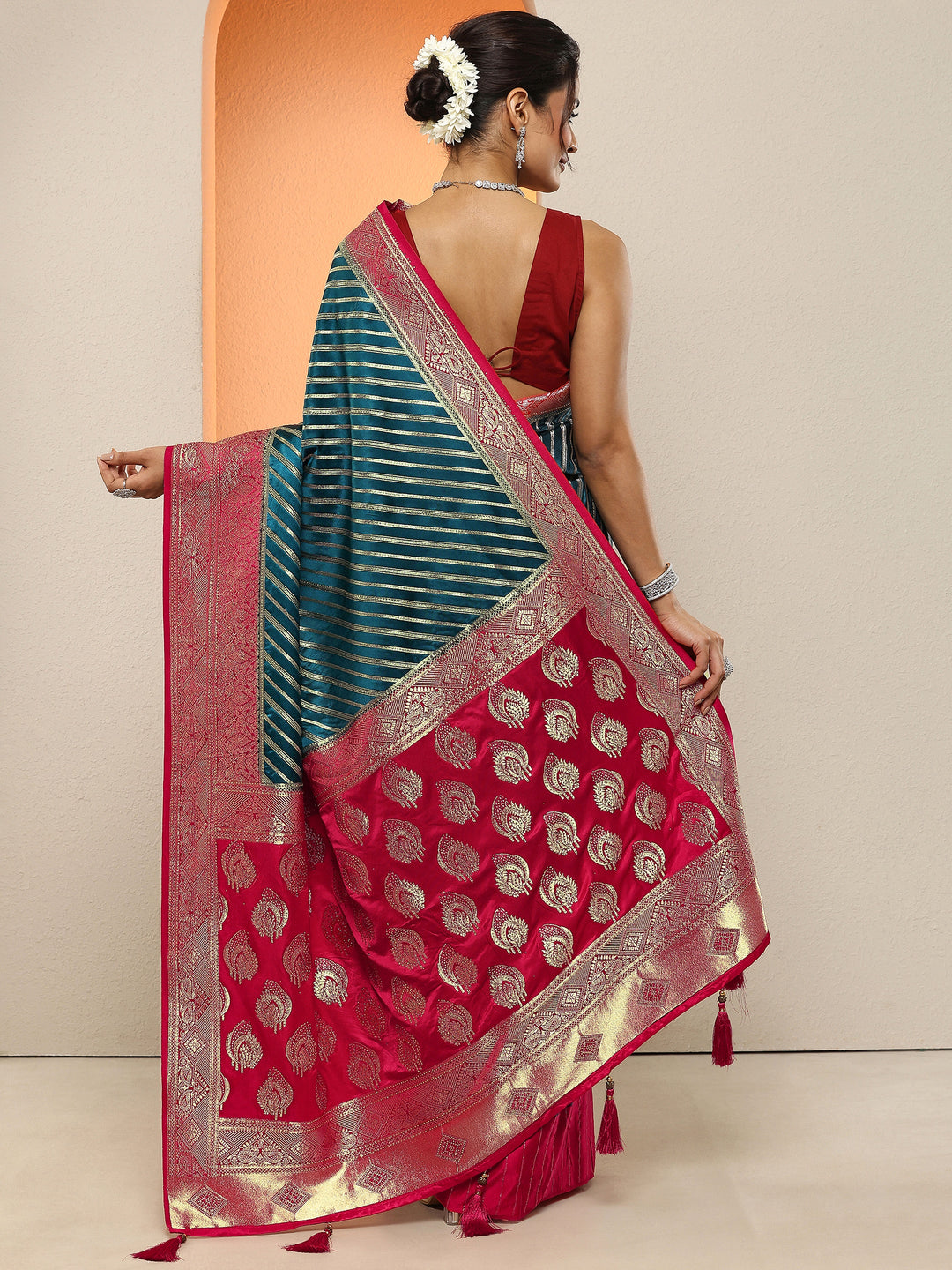  Teal Woven Design Silk Blend Sarees With Unstitched Blouse Piece 