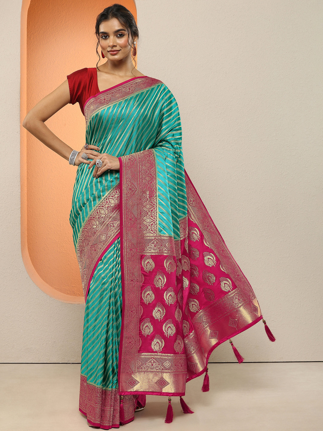  Green Woven Design Silk Blend Sarees With Unstitched Blouse Piece 