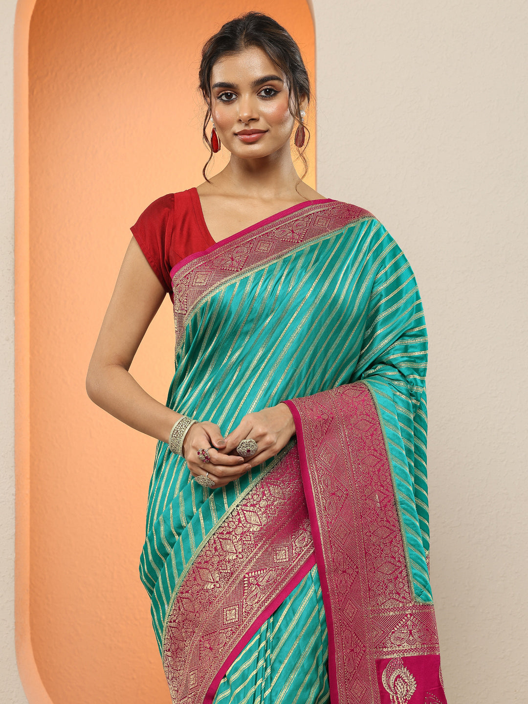  Green Woven Design Silk Blend Sarees With Unstitched Blouse Piece 