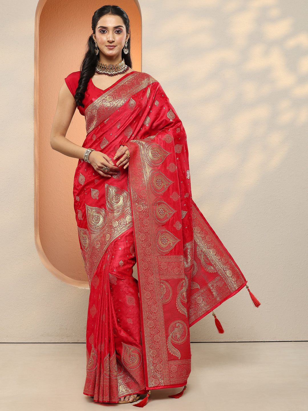  Red Woven Design Silk Blend Sarees With Unstitched Blouse Piece 