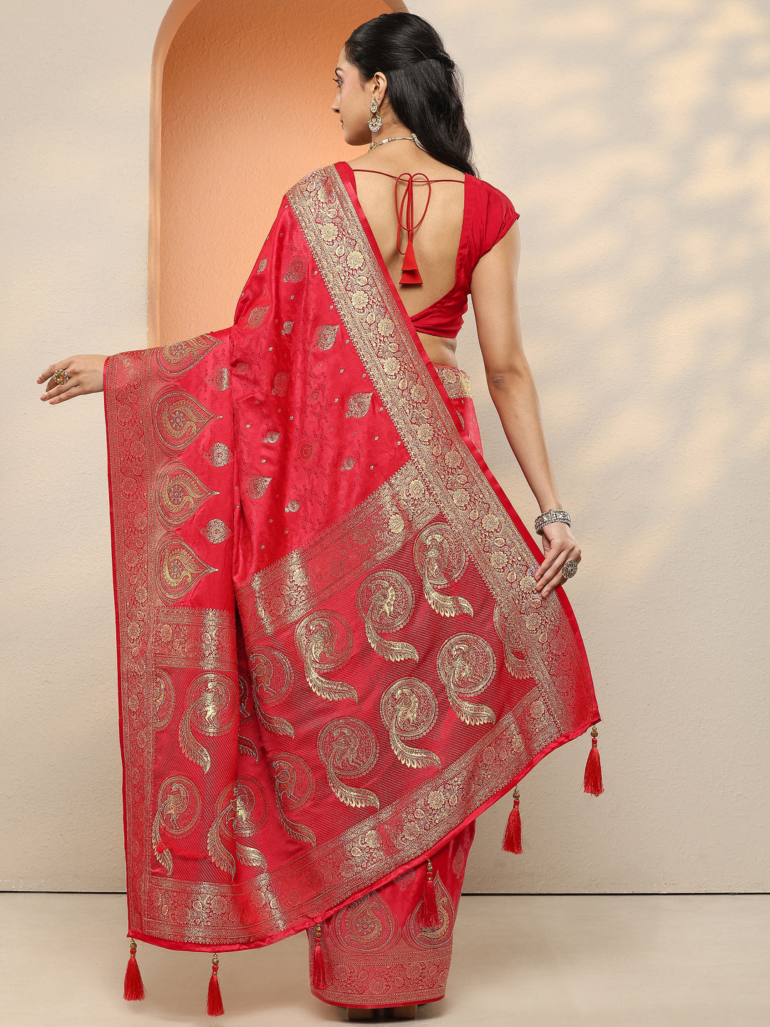  Red Woven Design Silk Blend Sarees With Unstitched Blouse Piece 