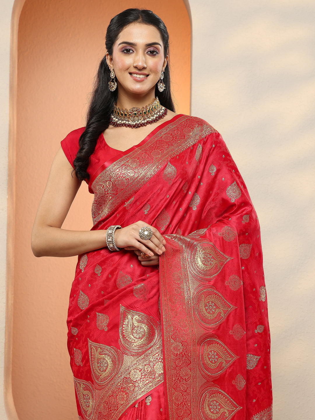  Red Woven Design Silk Blend Sarees With Unstitched Blouse Piece 