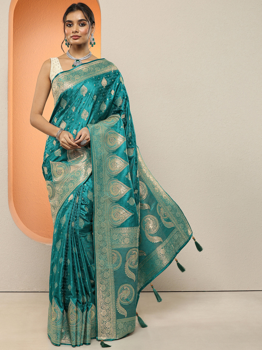  Green Woven Design Silk Blend Sarees With Unstitched Blouse Piece 