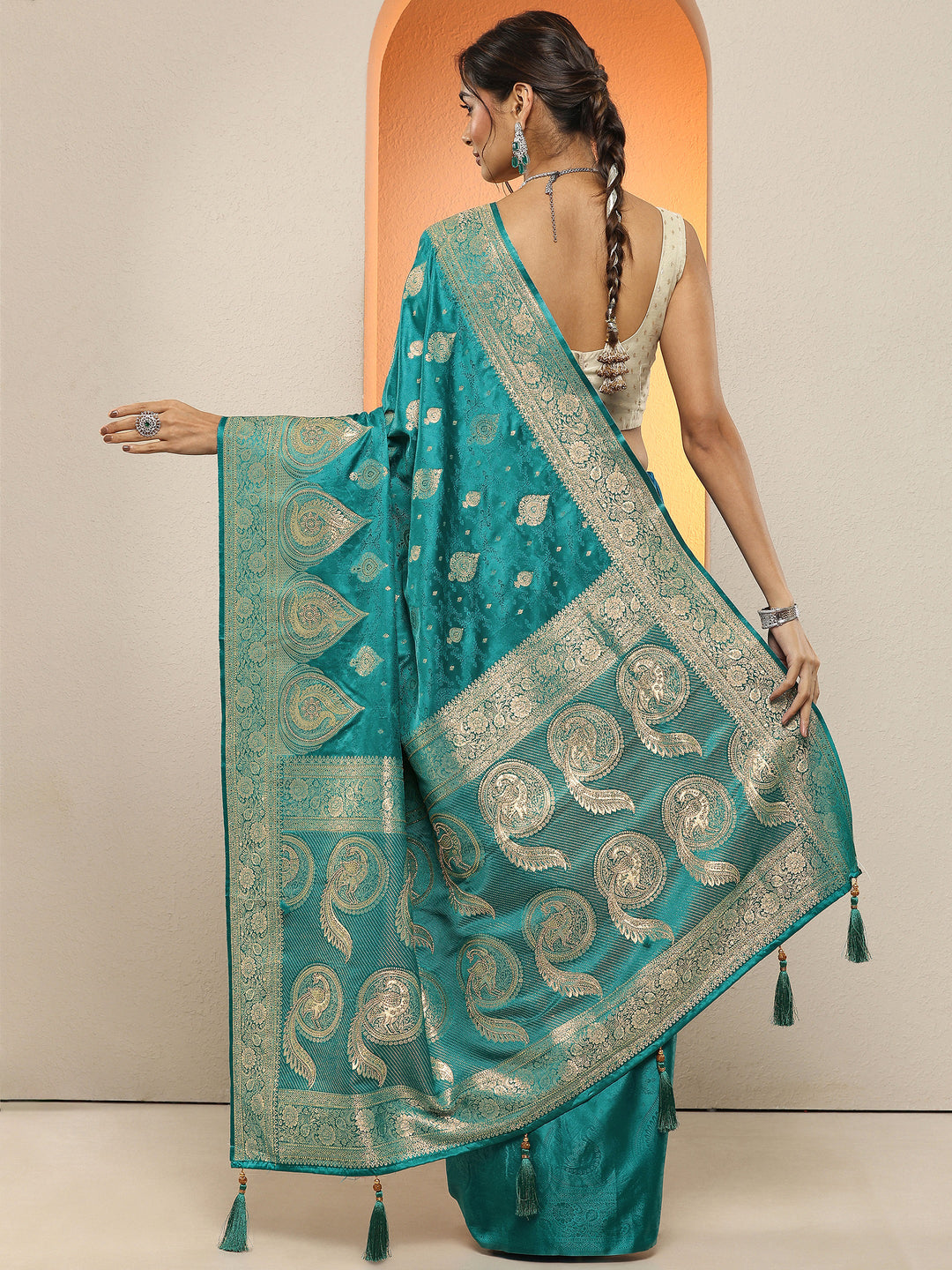  Green Woven Design Silk Blend Sarees With Unstitched Blouse Piece 