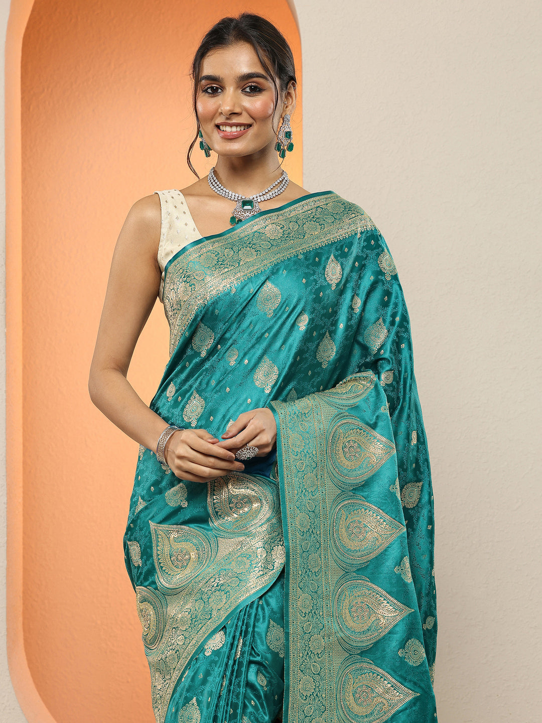  Green Woven Design Silk Blend Sarees With Unstitched Blouse Piece 