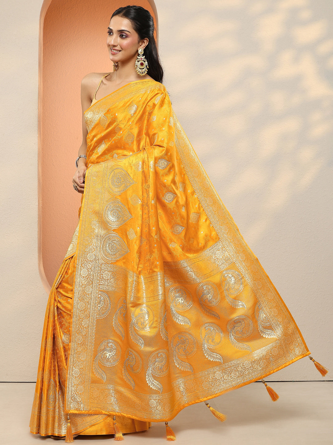  Mustard Woven Design Silk Blend Sarees With Unstitched Blouse Piece 
