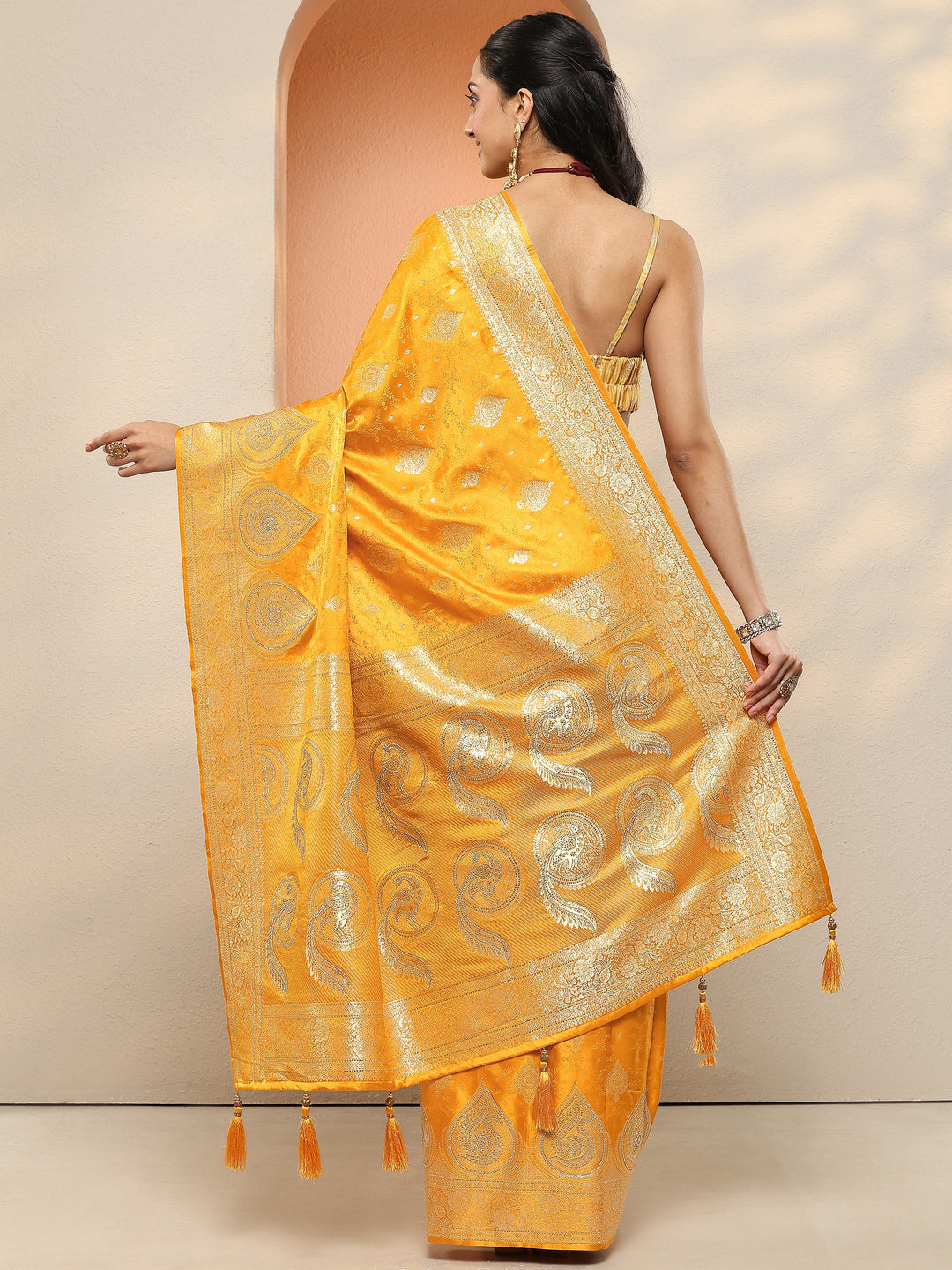  Mustard Woven Design Silk Blend Sarees With Unstitched Blouse Piece 