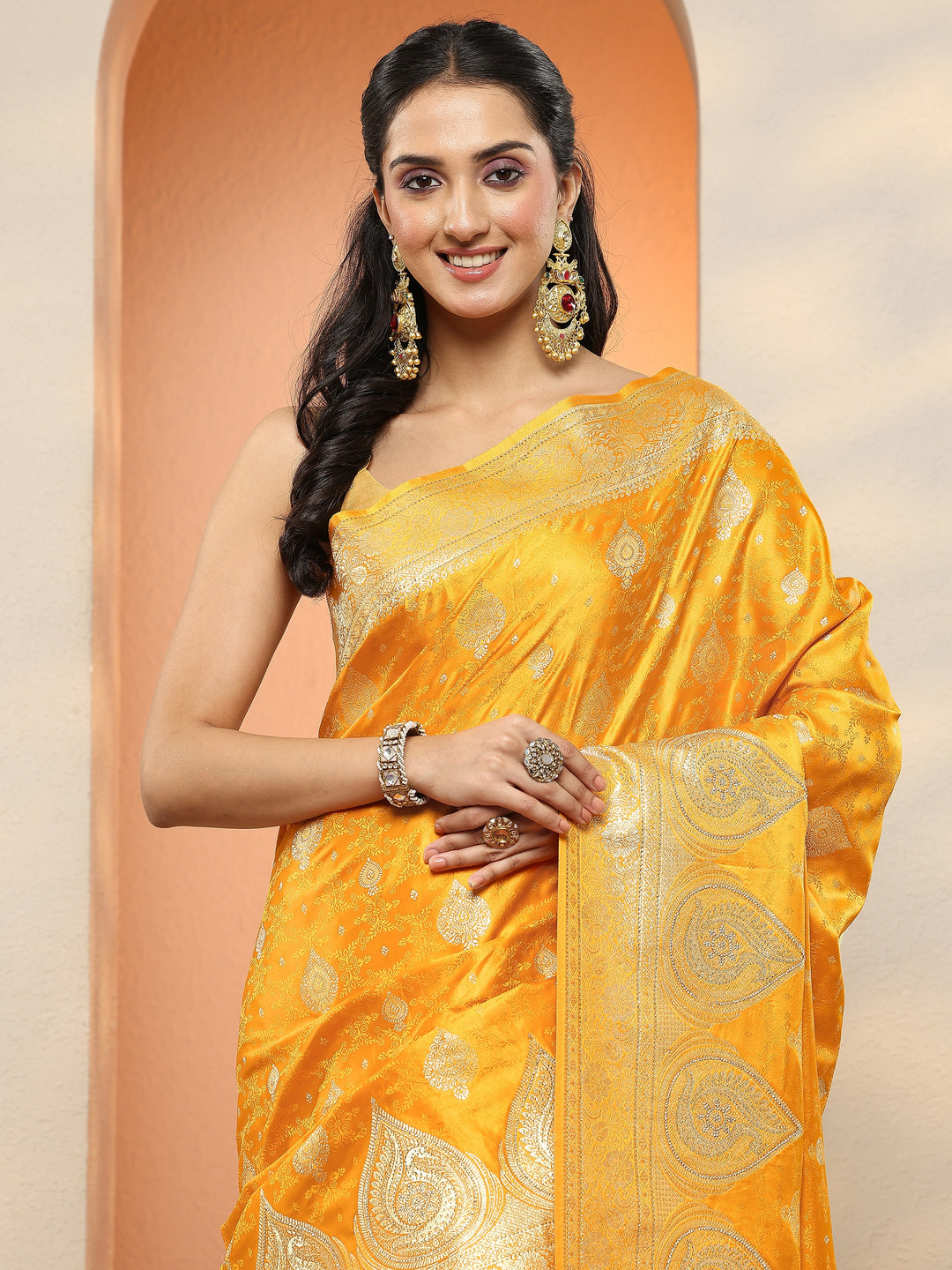  Mustard Woven Design Silk Blend Sarees With Unstitched Blouse Piece 
