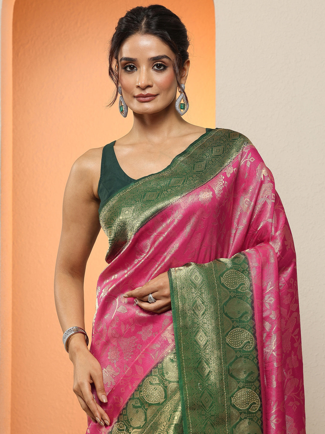  Pink Woven Design Silk Blend Sarees With Unstitched Blouse Piece 