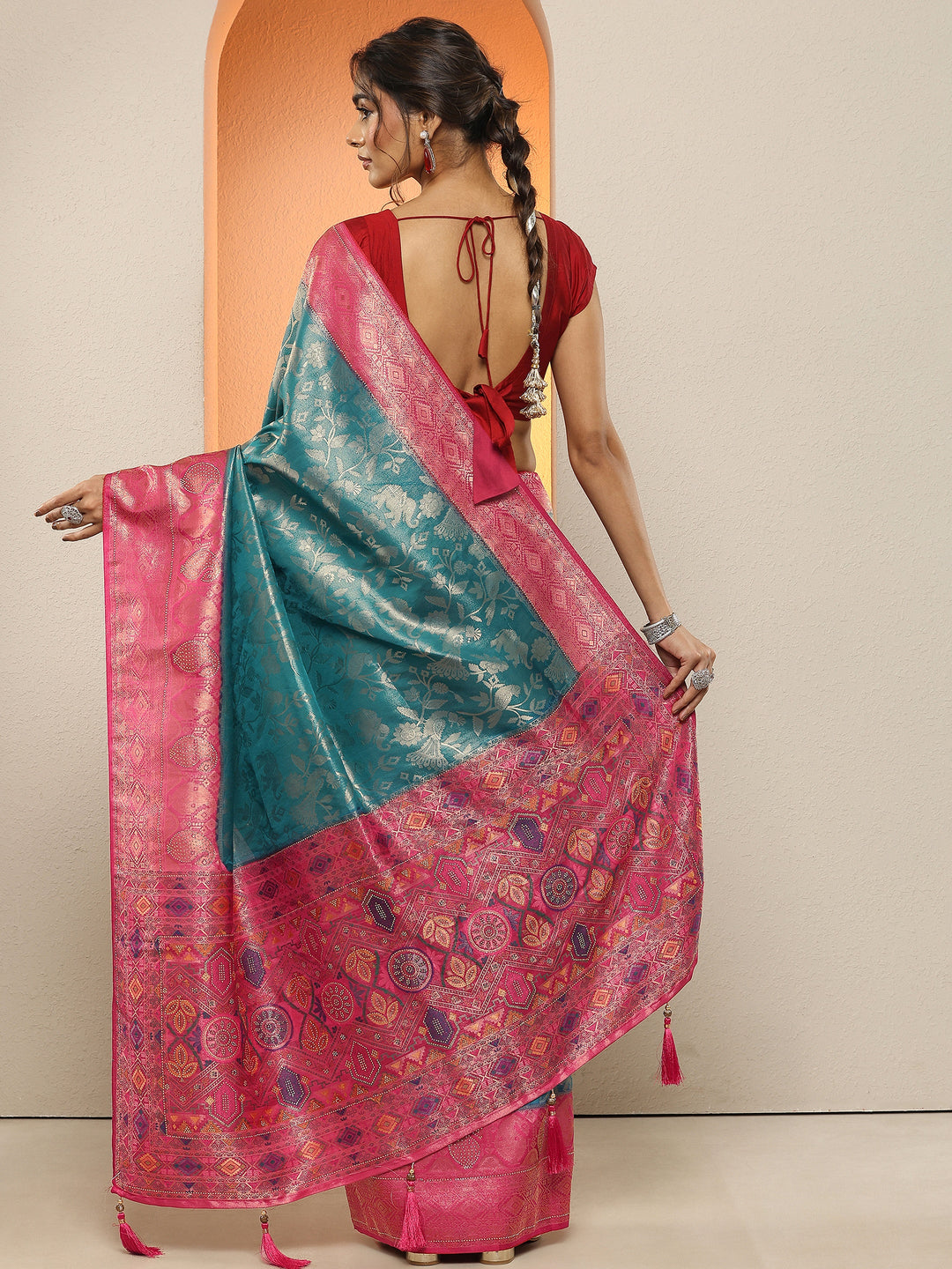  Teal Woven Design Silk Blend Sarees With Unstitched Blouse Piece 