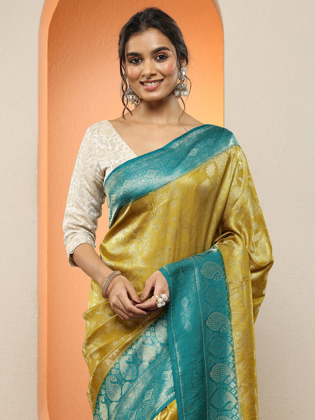  Olive Woven Design Silk Blend Sarees With Unstitched Blouse Piece 