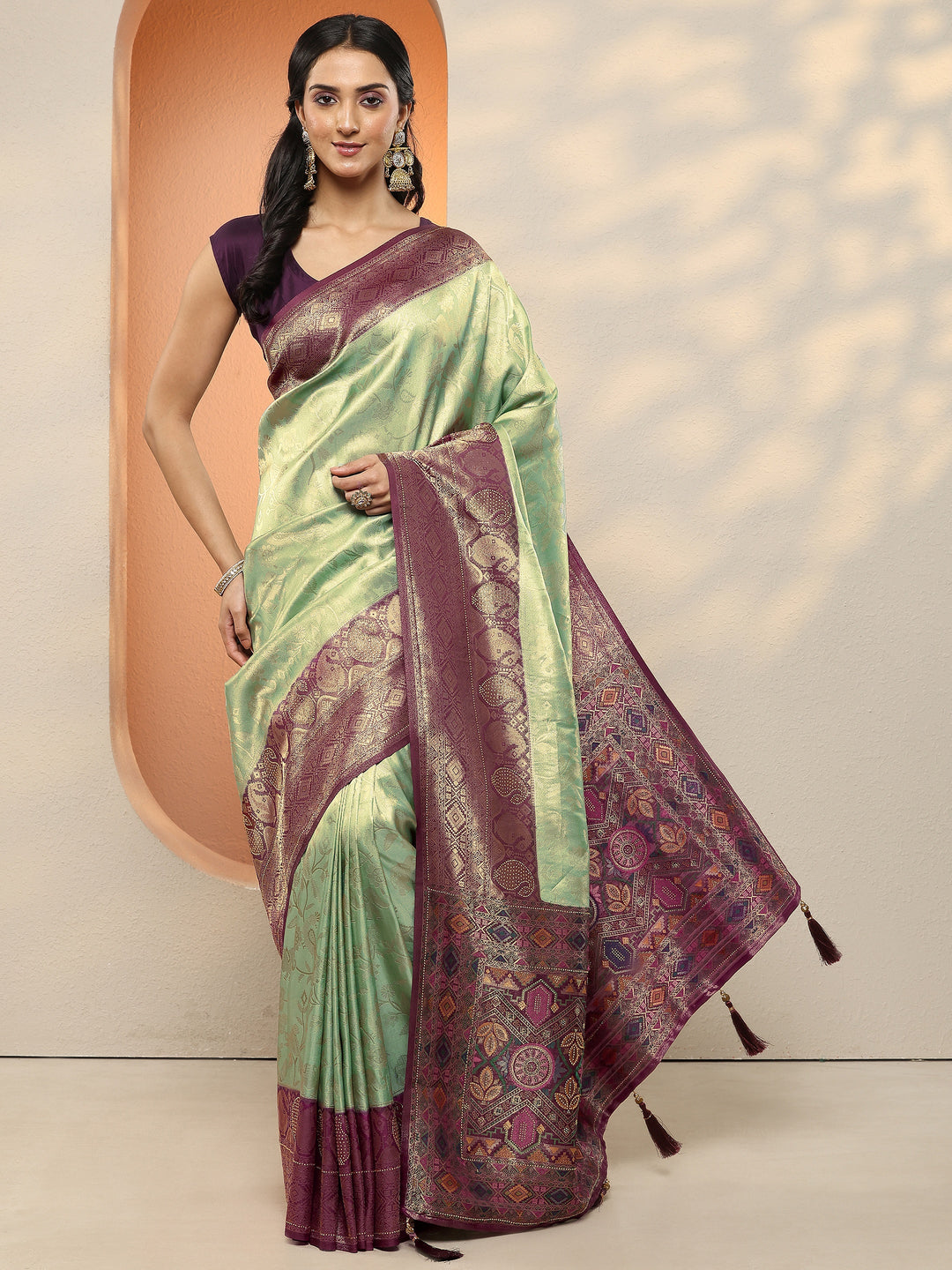  Sea Green Woven Design Silk Blend Sarees With Unstitched Blouse Piece 