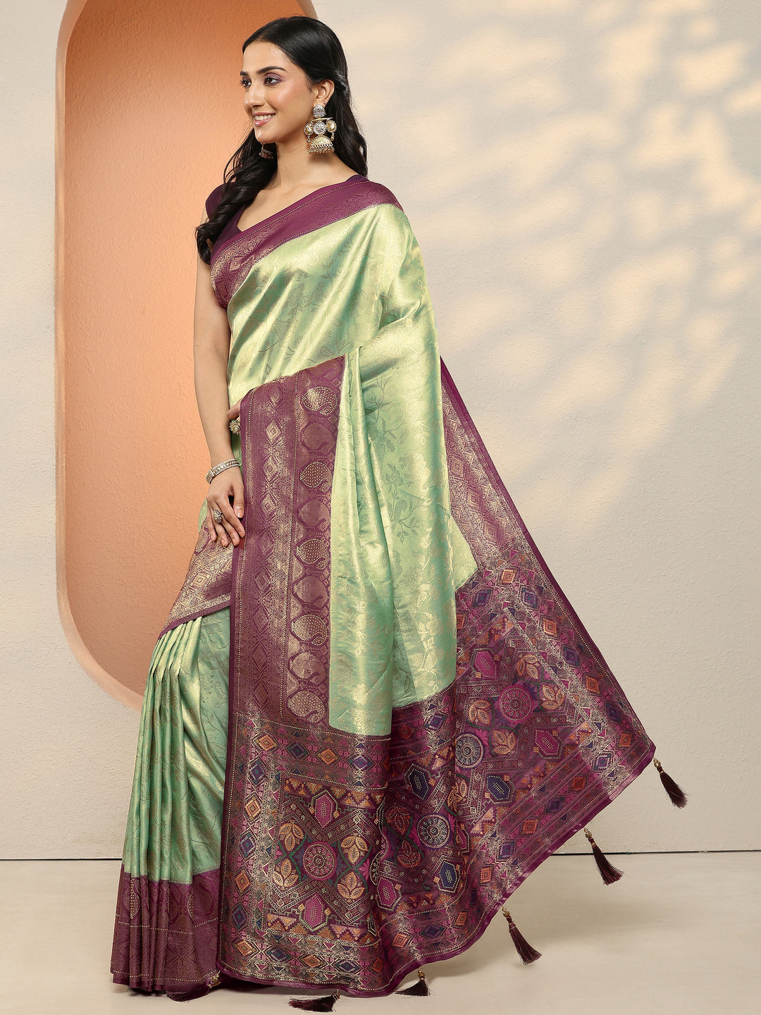  Sea Green Woven Design Silk Blend Sarees With Unstitched Blouse Piece 