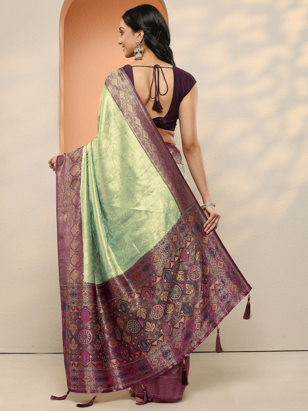  Sea Green Woven Design Silk Blend Sarees With Unstitched Blouse Piece 