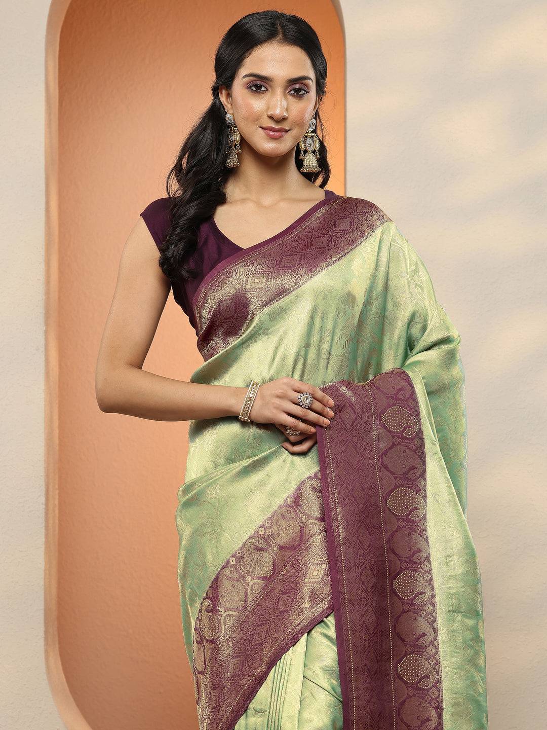  Sea Green Woven Design Silk Blend Sarees With Unstitched Blouse Piece 