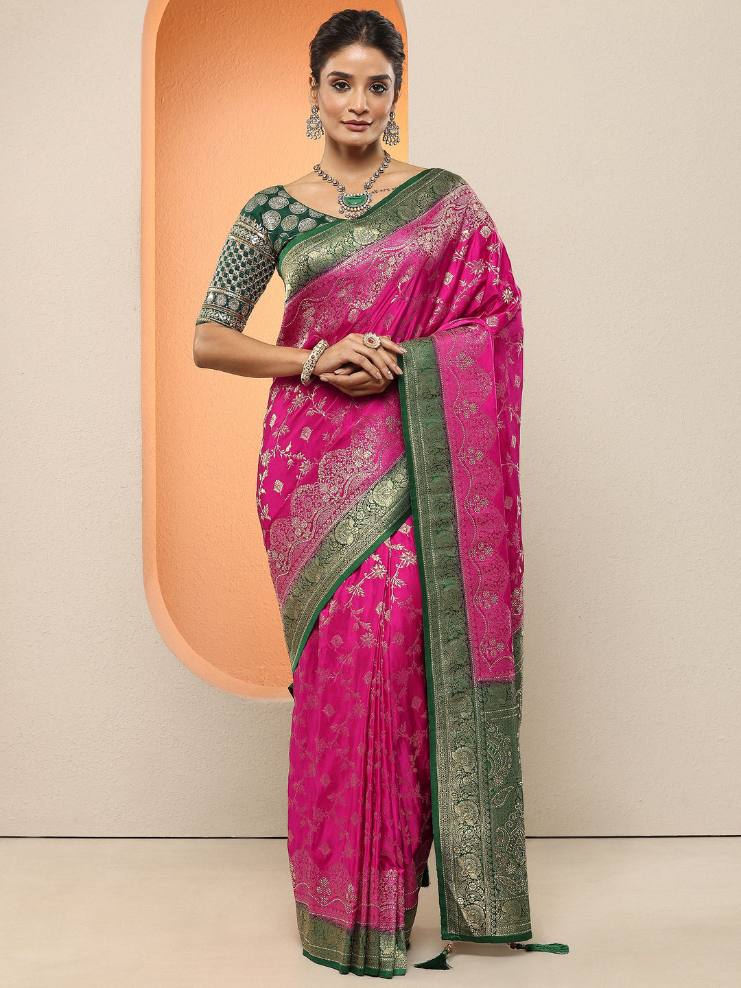  Pink Woven Design Silk Blend Sarees With Unstitched Blouse Piece 