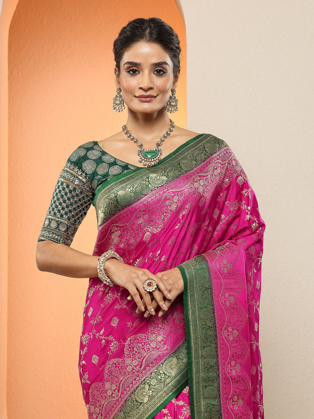  Pink Woven Design Silk Blend Sarees With Unstitched Blouse Piece 
