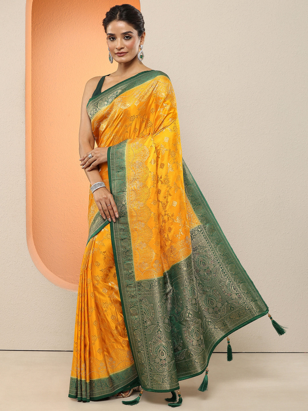  Mustard Woven Design Silk Blend Sarees With Unstitched Blouse Piece 