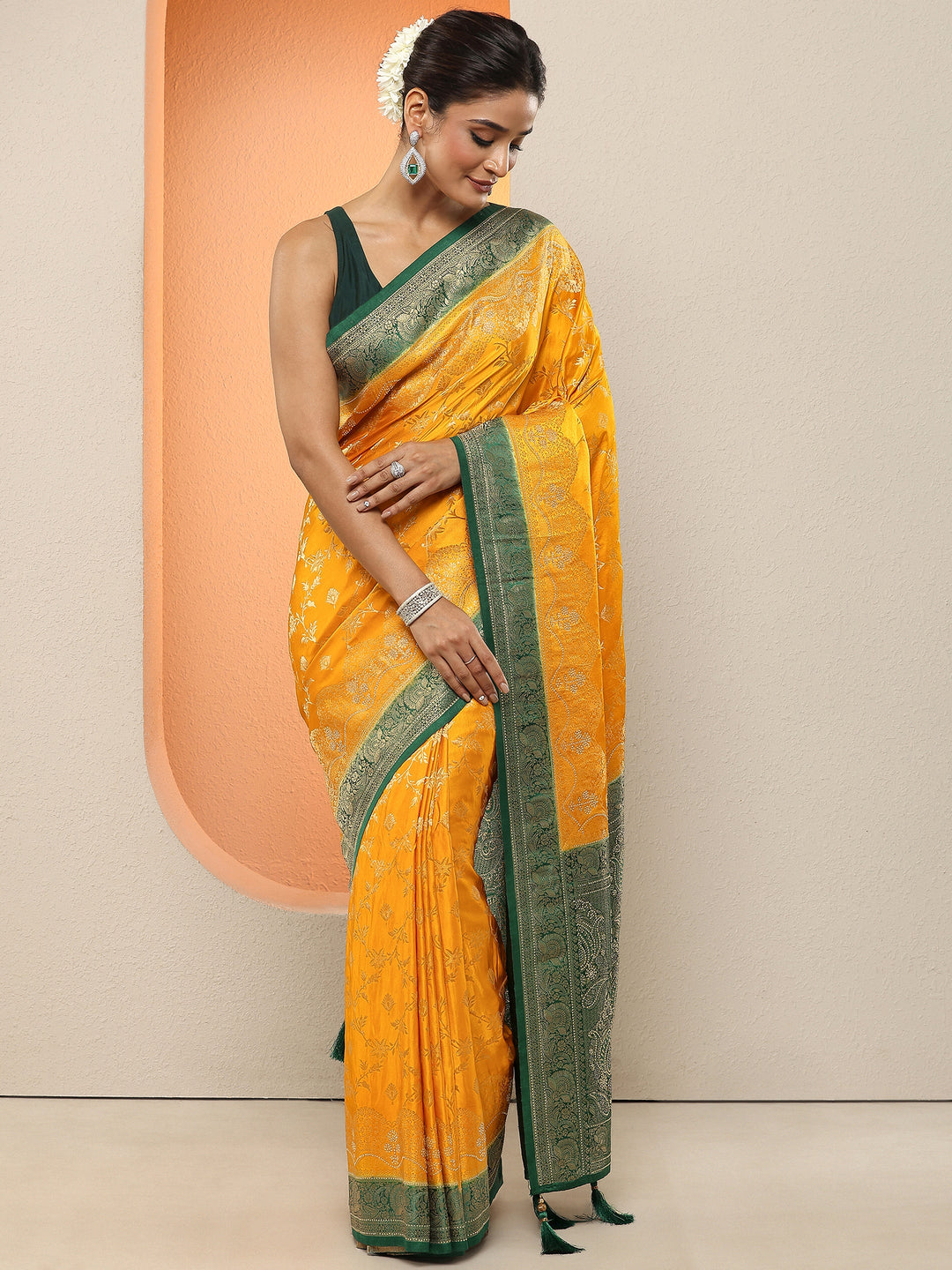  Mustard Woven Design Silk Blend Sarees With Unstitched Blouse Piece 
