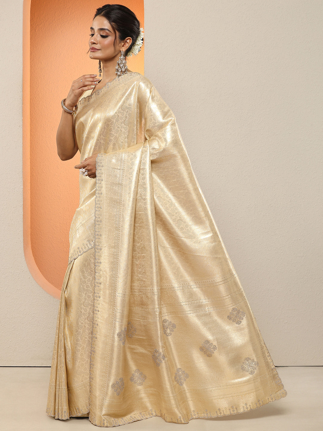  Gold Woven Design Silk Blend Sarees With Unstitched Blouse Piece 
