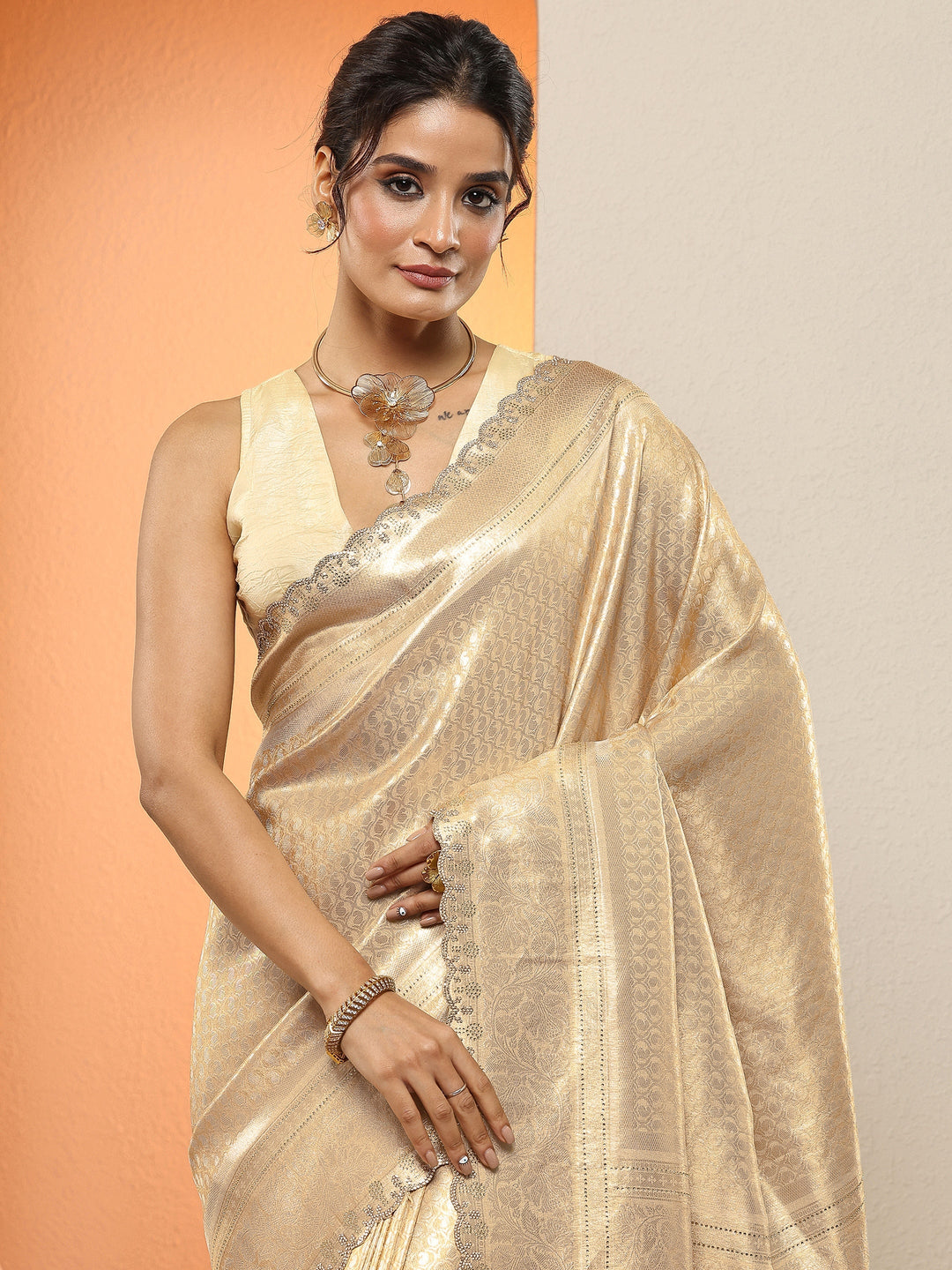  Gold Woven Design Silk Blend Sarees With Unstitched Blouse Piece 