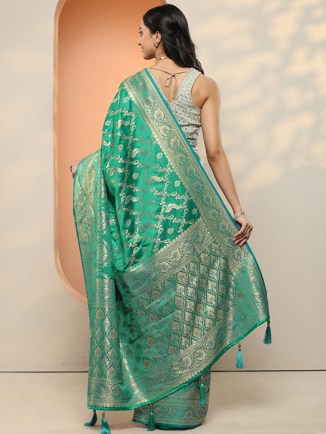  Green Woven Design Silk Blend Sarees With Unstitched Blouse Piece 