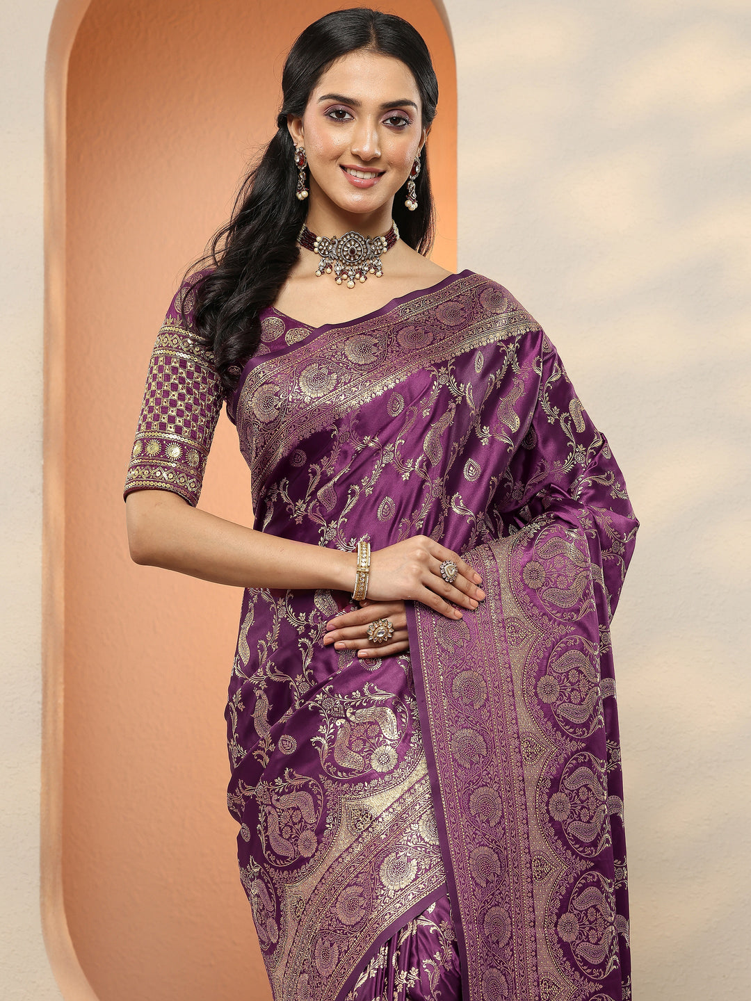  Burgundy Woven Design Silk Blend Sarees With Unstitched Blouse Piece 