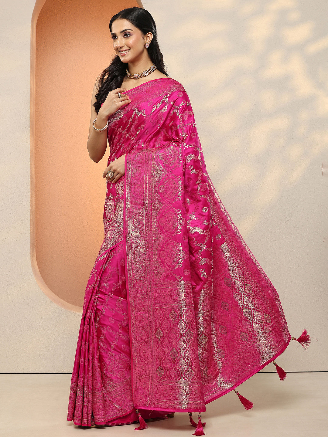  Pink Woven Design Silk Blend Sarees With Unstitched Blouse Piece 