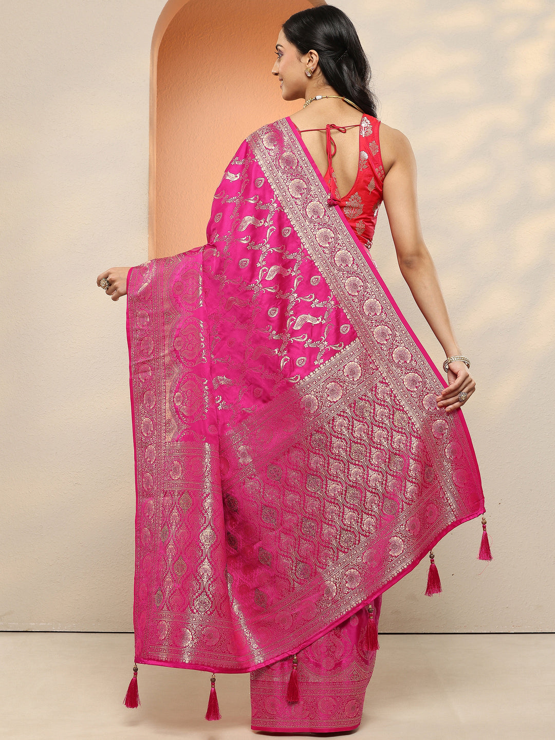  Pink Woven Design Silk Blend Sarees With Unstitched Blouse Piece 