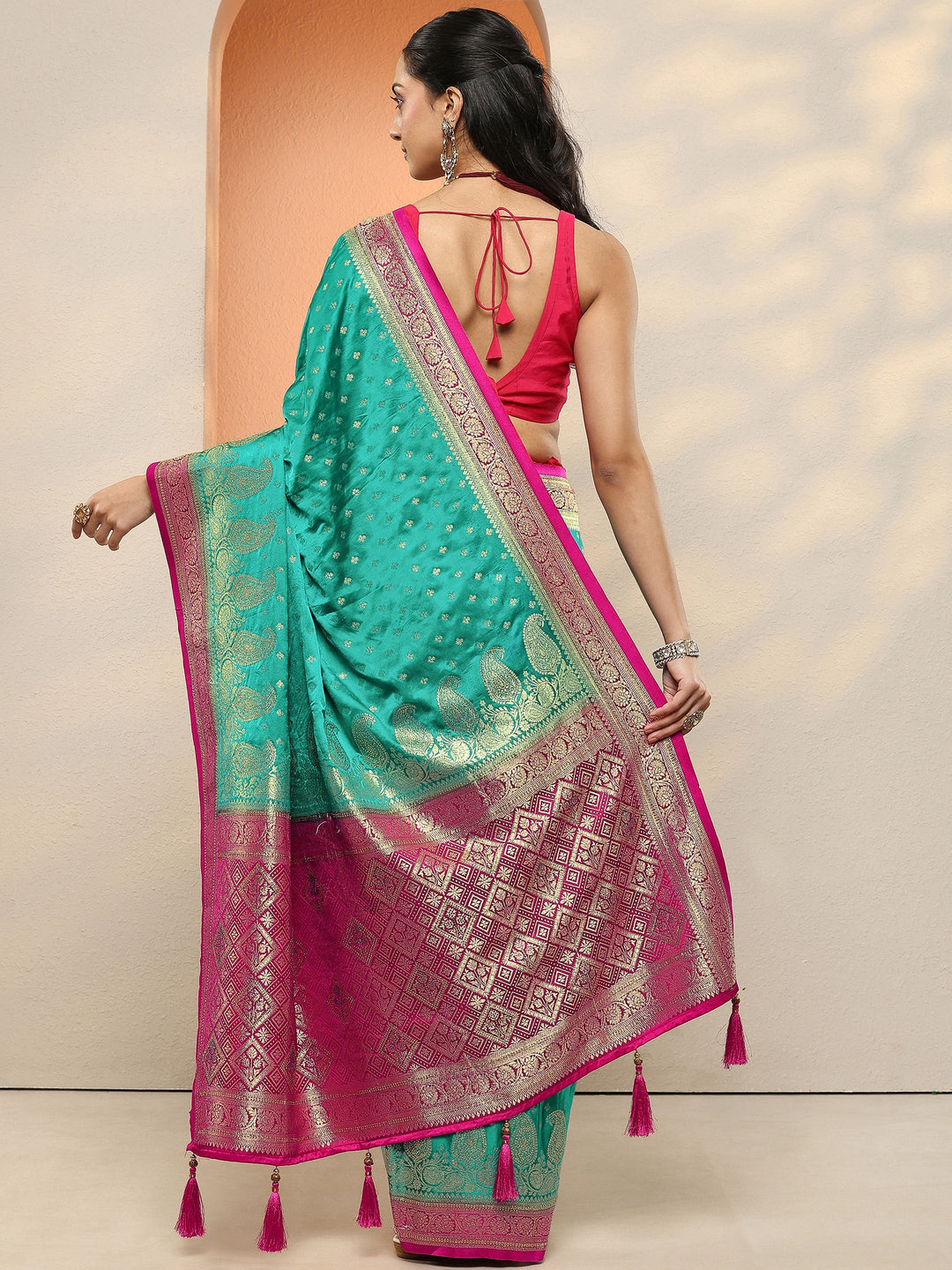  Green Paisley Woven Design Sarees With Unstitched Blouse Piece 